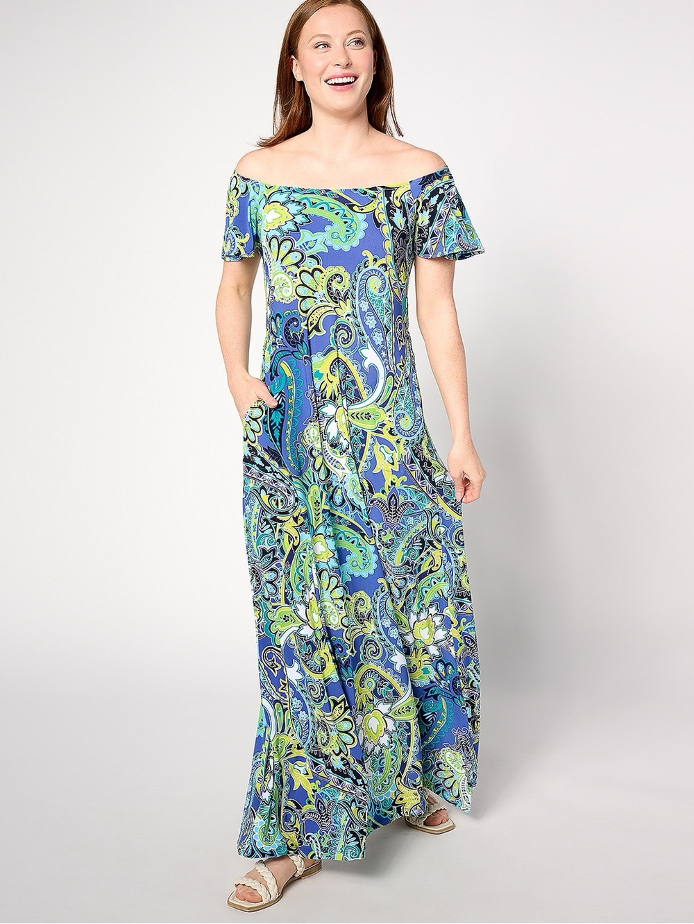 Attitudes by Renee Off-Shoulder Paisley Maxi Dress in Blue & Green